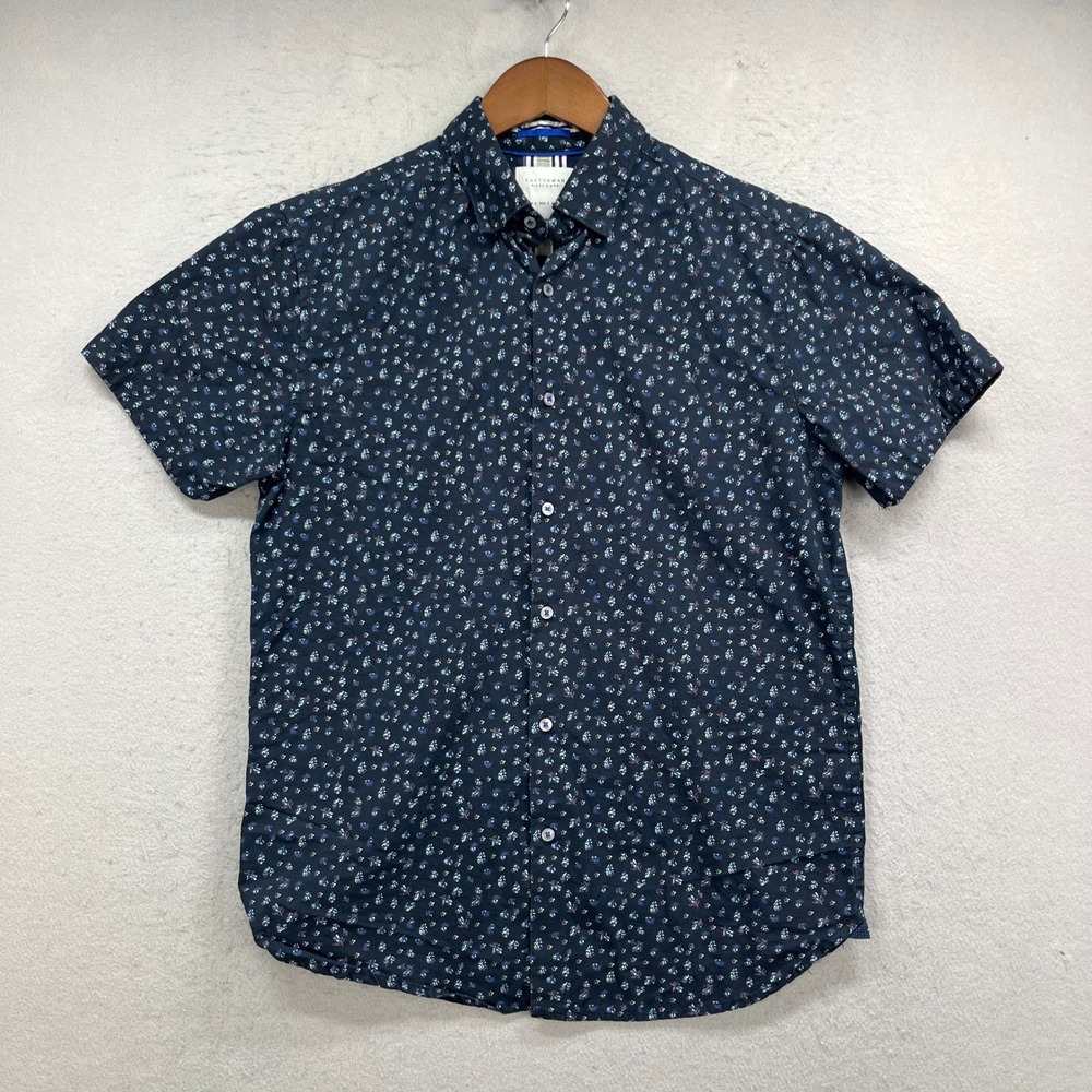 Cactus Man Button Up Shirt Mens S Navy Blue Floral Short Sleeve Tropical Summer